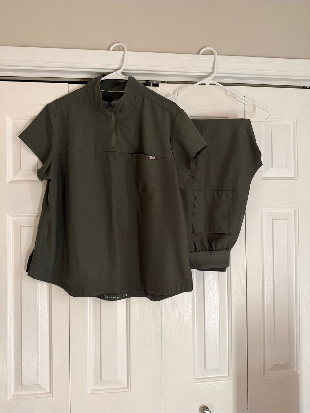 Healing Hands Olive Green High Neck Short-Sleeve Top and Jogger Scrub Set